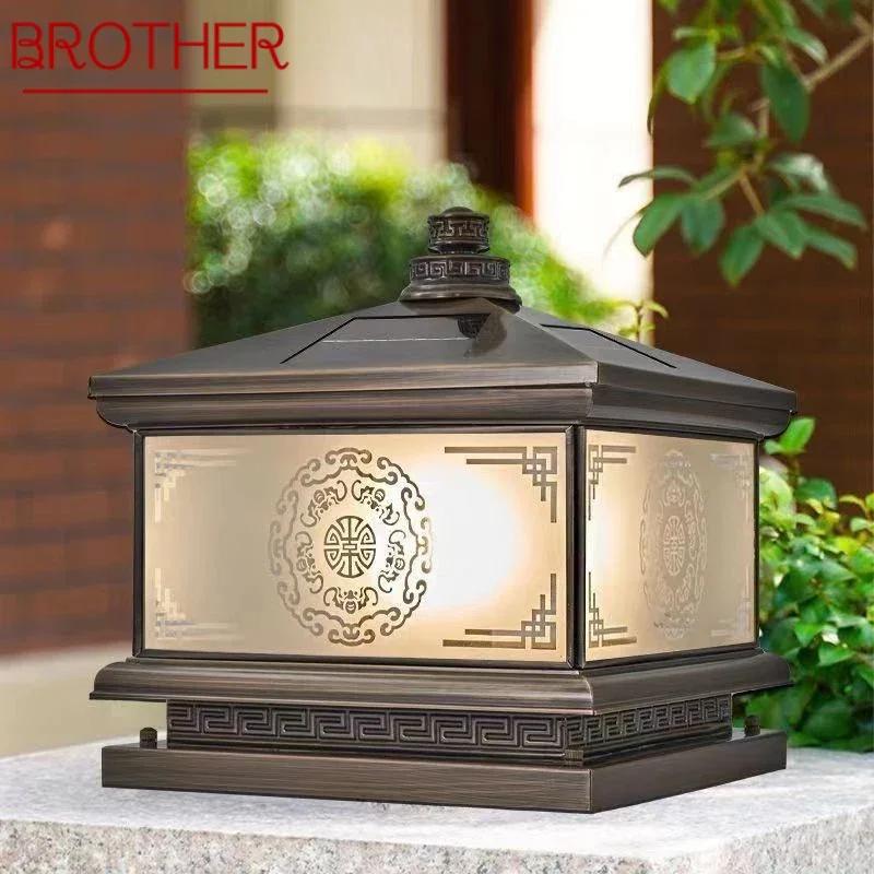 BROTHER 야외 태양광 포스트 램프, 빈티지 창작 중국 황동 기둥 조명, 가정용 빌라 안뜰용 LED 방수 IP65